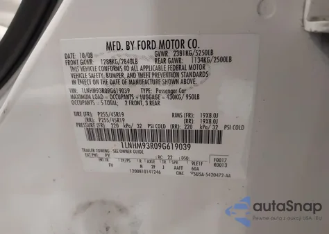 2009 Lincoln Mks z USA, uszkodzony, nr VIN 1LNHM93R09G619039